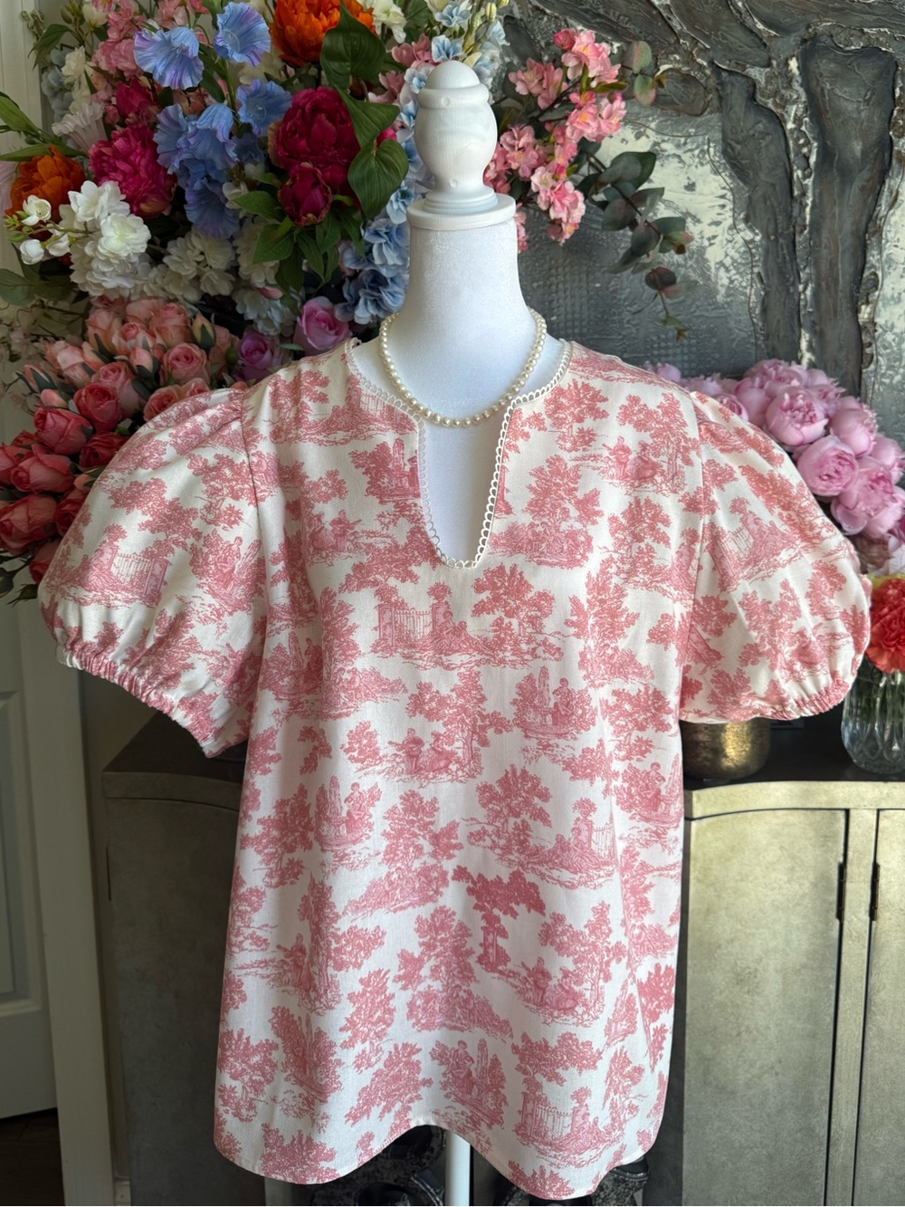 CeCe Cream and Pink Toile Puff Sleeve Top